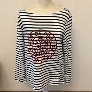 J Crew boatneck navy white striped “ Club De Paris” long sleeve tee Size S